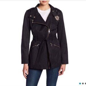 GUESS Short Black Zip Trench Coat With Belted Waist and Gold Accents - Size S